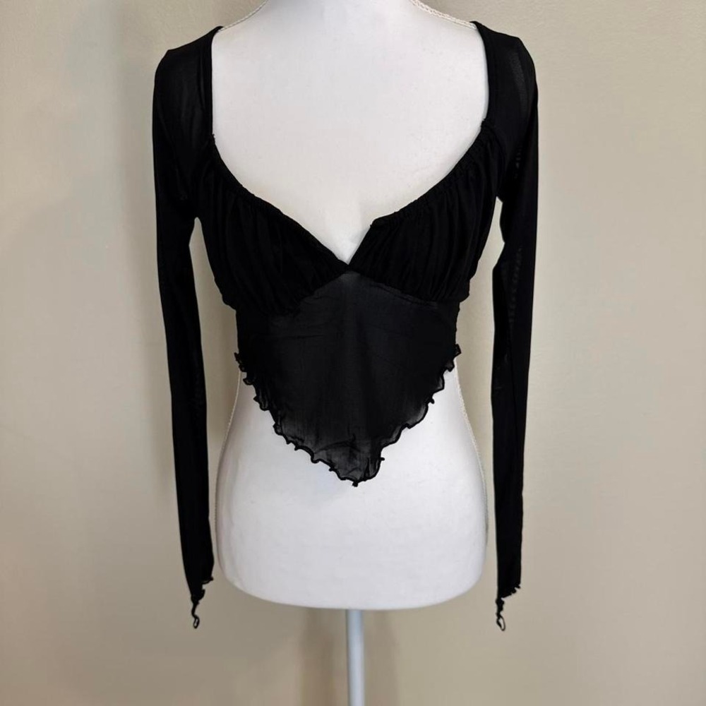 Urban Outfitters Clara Black Sheer Sweetheart Neck Long Sleeve Crop Top Sz S